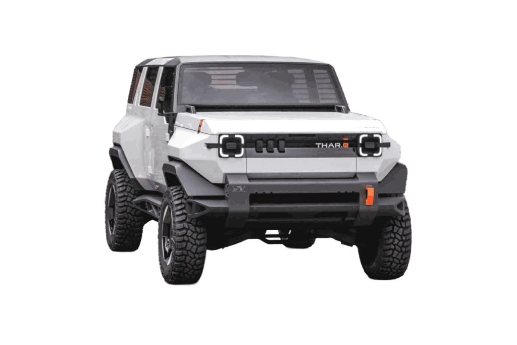 Mahindra Thar EV front and side profile in Electric Blue color