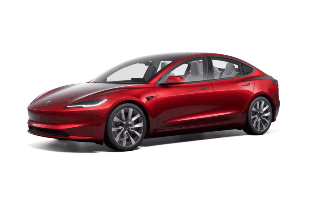 2025 Tesla Model 3 electric sedan in Pearl White color, front view