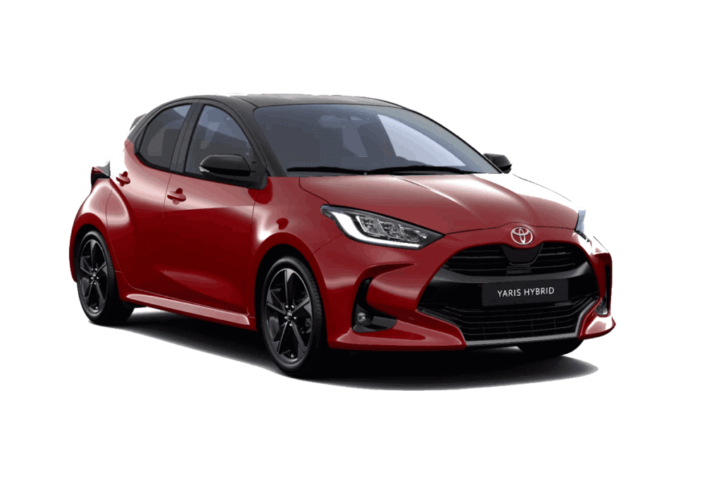 2025 Toyota Yaris front and side view in red color – hybrid hatchback for India and Germany